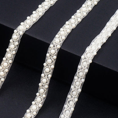 Bijou Joon 5 Yards White Pearl Trim Beaded Trim Beaded Lace Ribbon Edge Border Fabric Bridal DIY for Craft Wedding Dress Embellishments Women Vake Decoration