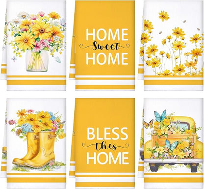 Boyiee Set of 6 Yellow Flower Kitchen Towels Decorative Floral Tea Towels