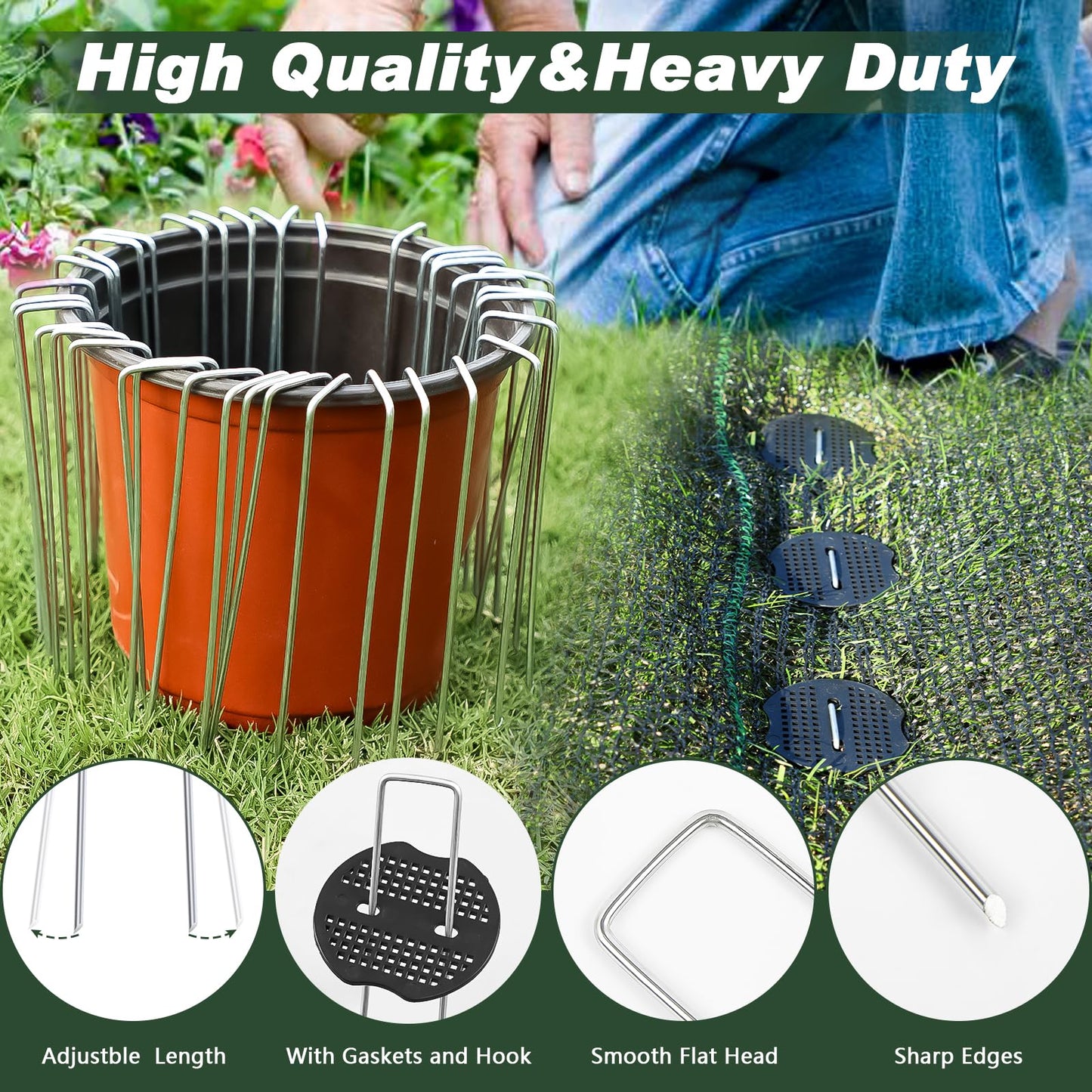 FEED GARDEN Landscape Staples 6 Inch 100 Pack Kit, Heavy Duty 11 Gauge Hot-Dip Galvanized Garden Stakes with 100 Gaskets & 1 Pick Hook for Weed Barrier, Landscape Fabric, Sod, Turf & Garden Edging