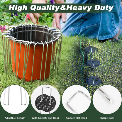 FEED GARDEN Landscape Staples 6 Inch 100 Pack Kit, Heavy Duty 11 Gauge Hot-Dip Galvanized Garden Stakes with 100 Gaskets & 1 Pick Hook for Weed Barrier, Landscape Fabric, Sod, Turf & Garden Edging