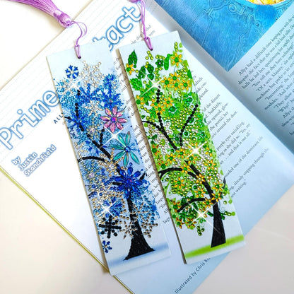4 Pcs LINGFANG Diamond Painting Bookmark, Leather DIY Book Makers for Adults Book Lovers, Diamond Art Beginners, Small Diamond Art Kits, Paint by Art Crafts Supplies Gift for Girls (Season Tree)