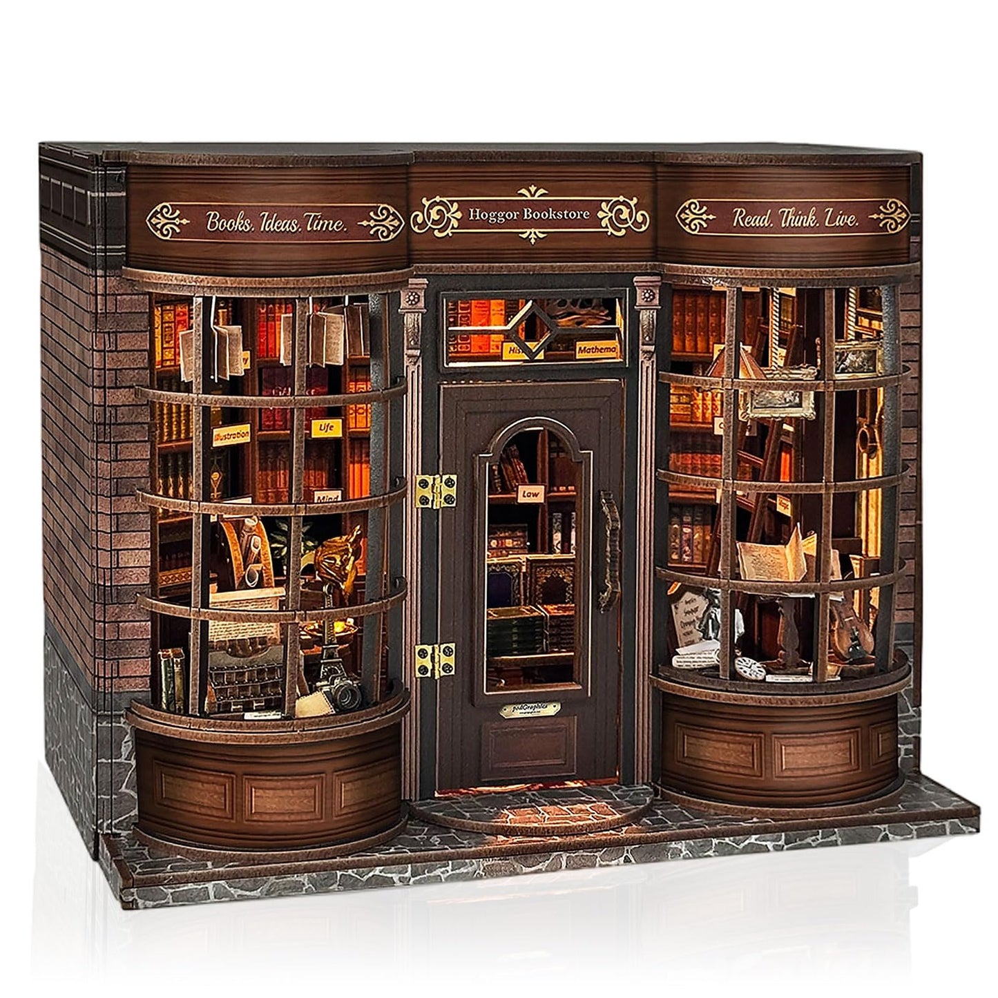 Hoggor Bookstore Book Nook Kit with LED Light, DIY Miniature House Kit, 3D Wooden Puzzle Bookshelf Decor Diorama Building Kit, Christmas Birthday Gifts for Family, Friends