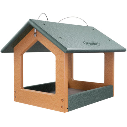 DutchCrafters Amish USA Made Recycled Plastic Large Hanging Modern Fly Through Covered Roof Open Platform Tray Bird Feeder for Outdoors, Garden, Yard (Turf Green & Bright Cedar)
