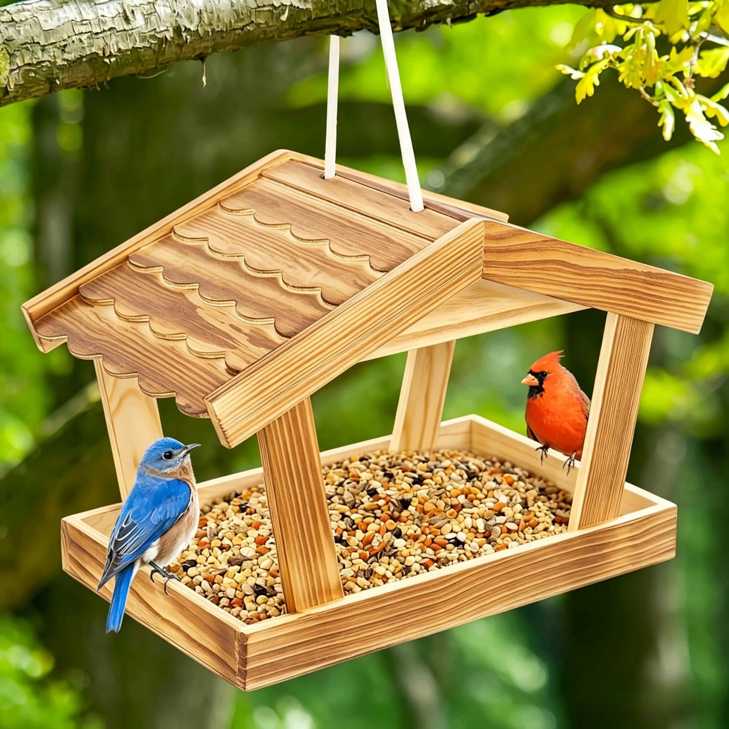 Dmnnlp Bird Feeders for Outside Hanging, Wooden Wild Bird Feeder House, Platform Bird House Feeder for Garden Yard Outdoor Hanging 10x6.3x7.8 Inch