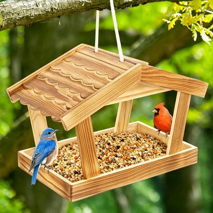 Dmnnlp Bird Feeders for Outside Hanging, Wooden Wild Bird Feeder House, Platform Bird House Feeder for Garden Yard Outdoor Hanging 10x6.3x7.8 Inch