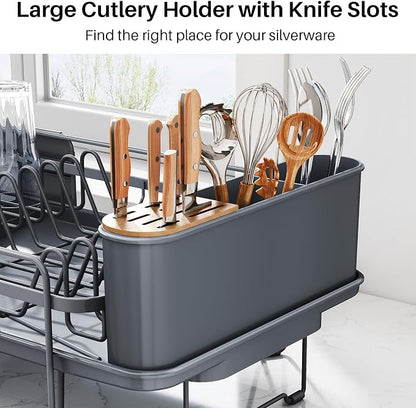 SNTD Dish Drying Rack - Large Dish Racks for Kitchen Counter, Expandable Dish Drainers with Cutlery Holder Stainless Steel Rustproof (Grey)
