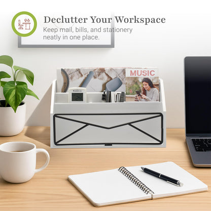Prosumer's Choice Bamboo Desk Organizer – White Powder-Coated Natural Bamboo Mail Organizer for Countertop - Wooden Desktop Organizer for Mail, Files, Letters, and Tabletop Storage