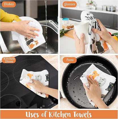 R HORSE 5Pcs Funny Kitchen Dish Towels, Cute Cat Dishcloths Gift, Absorbent
