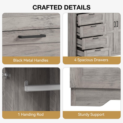 GarveeHome Multifunctional Wooden Dresser for Bedroom, 43.3 in H 2 Door Wardrobe Armoire Closet with 4 Drawers and Hanging Rod, Low Storage Cabinet for Hanging Cloth, Gray