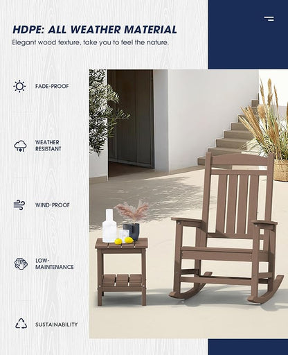KINGYES HDPE Outdoor Rocking Chair, Widened Seat Patio Rocking Chair, Oversized All Weather Patio Rocker, Brown