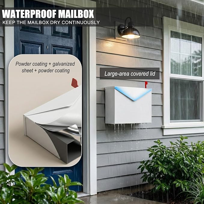 White Large Capacity Wall Mount Mailbox with Outgoing Mail Flag, 14.2”x10.4”x4.3” Steel Mail Box for Outside, Rust-Proof Galvanized Steel Post Box, Quiet Stay-Open Lid Smooth Operation Mailboxes