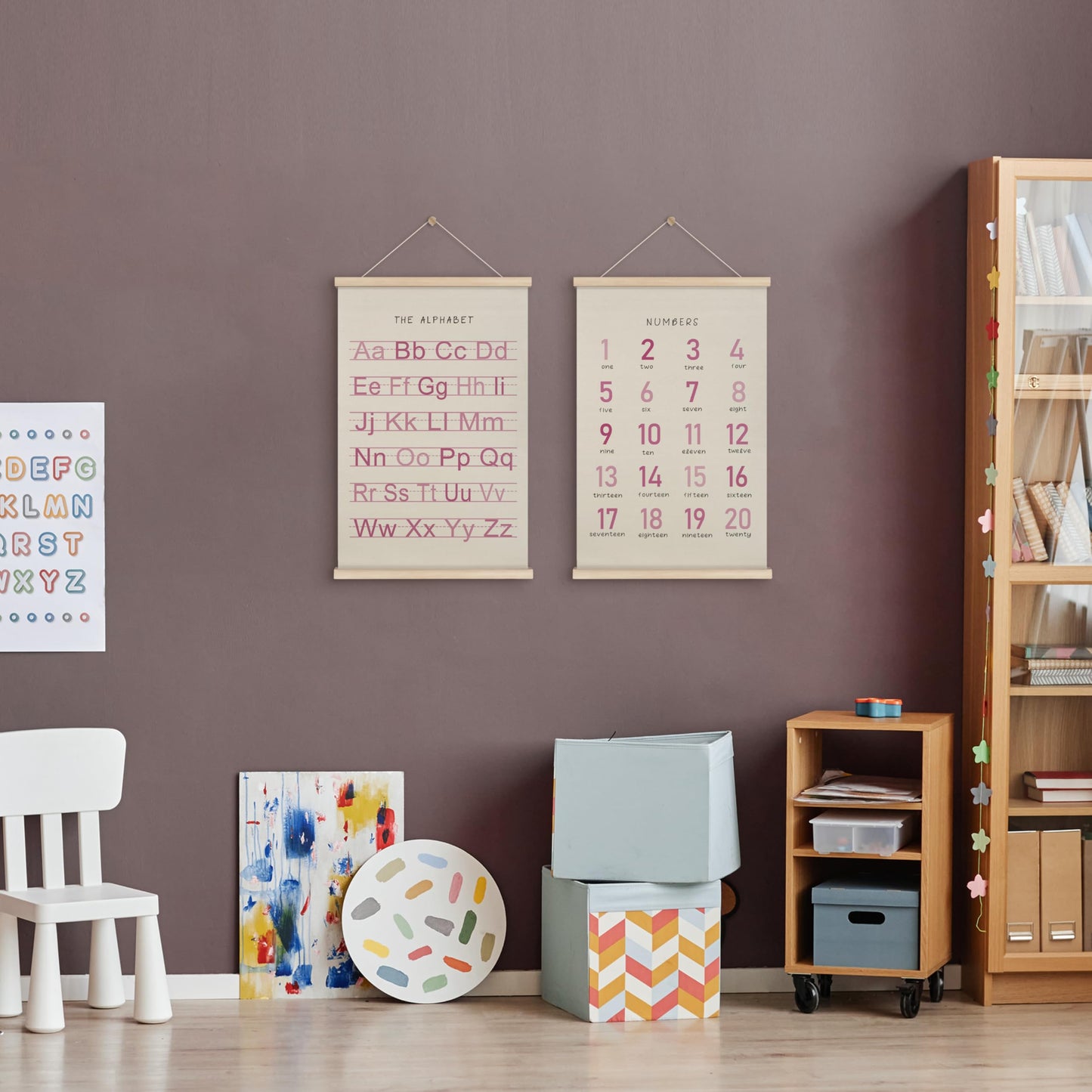 HRQKO Alphabet Numbers Poster Hanger Frame Set of 2, Pink Girls Nursery Wall Decor, ABC Poster Wall Art with Wooden Frames, Pink Alphabet Banner Wall Hanging Decor for Toddler Playroom, 16x24 inch