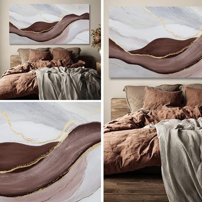 Hue7Art Modern Abstract Canvas Wall Art Neutral Flowing Lines Painting in White Gray and Brown, Minimalist Contemporary Artwork for Living Room Bedroom Office Wall Decor 24x48 Inch