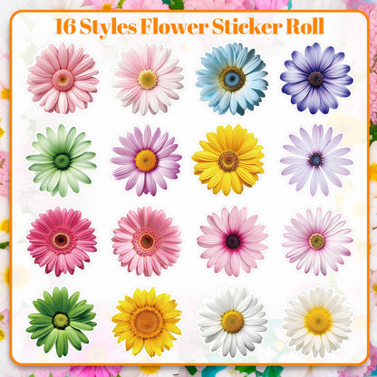 1200 PCS Daisy Stickers Cute Flower Stickers Roll for Kids Sun-Proof Flower Roll Sticker for Scrapbooks, Water Bottle, Present Boxes Decorations (16 Styles)