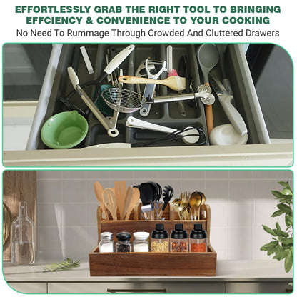 LAGOUPICK Kitchen Utensil Holder for Countertop with 4 Compartments Acacia Large Utensil Holder Wooden Storage for Cooking,Baking,Flatware Tool Kitchen Utensil Organizer