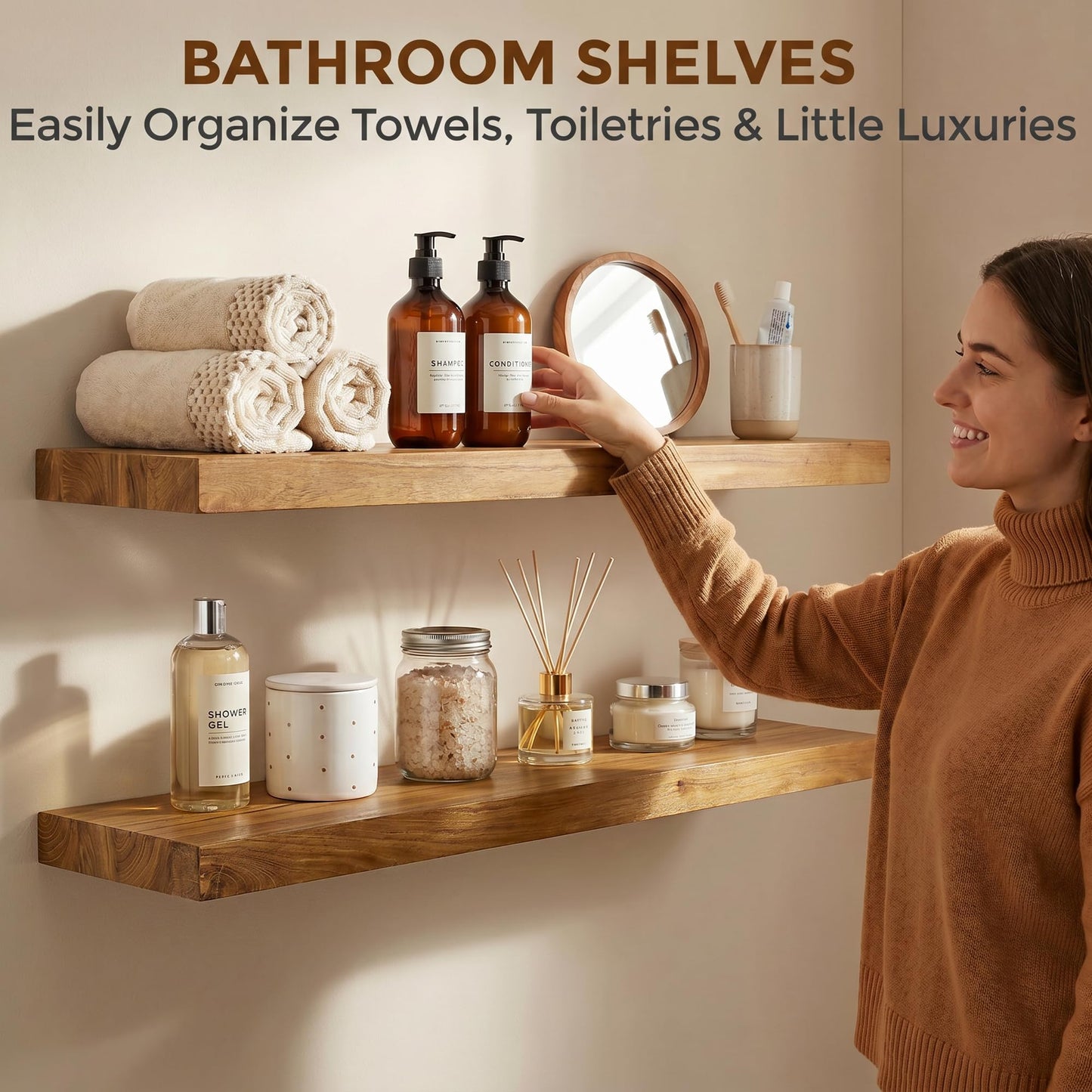 Dreamland Rustic Elm Woood Floating Shelves for Wall Decor, 32" W x 8" D x 1.5" H Floating Shelves Set of 2, Wall Mounted Deep Wooden Shelf for Living Room, Bedroom, Kitchen, Bathroom, Natural
