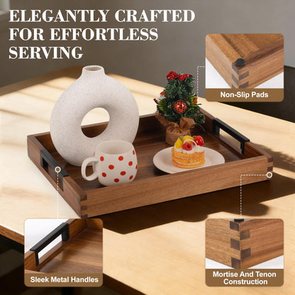 Large Ottoman Tray for Living Room and Coffee Table, Decorative Acacia Wood Serving Tray with Metal Handles for Breakfast in Bed, Dinner Food Kitchen TV (Natural, 20" x 14" x 2")