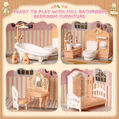 TUZT Suitcase Dollhouse Furniture Set for Kids, Mini Dollhouse Box with 2 Flexible Dolls and Bedroom&Bathroom Furnitures, Pretend Play Accessories Christmas Birthday Gift for Toddlers Ages 3+