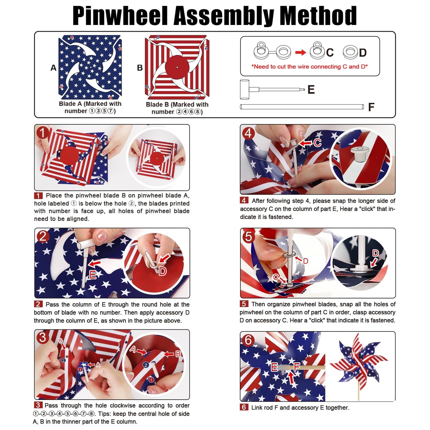 HOOSUN 4th of July Decorations,12Pcs American Flag Patriotic Pinwheels for Yard and Garden,Fourth of July Pinwheels Patriotic Memorial Day Decorations,Garden Wind Spinners,Pinwheel for Kids,Lawn,Patio