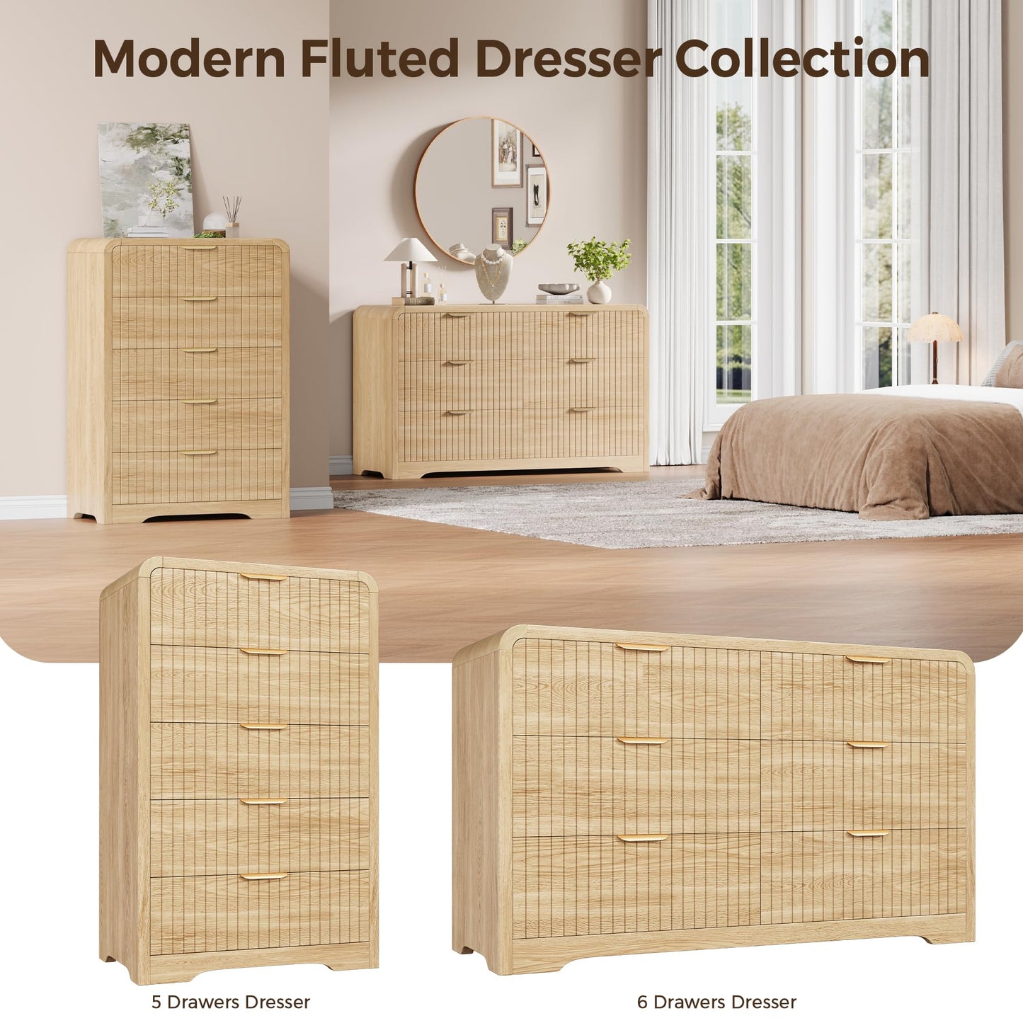 Jocoevol Modern 6 Drawer Dresser, 47" Wide Wood Dressers & Chests of Drawers Curved Profile Design, Mid Century Modern Fluted Dresser for Bedroom, Natural Oak