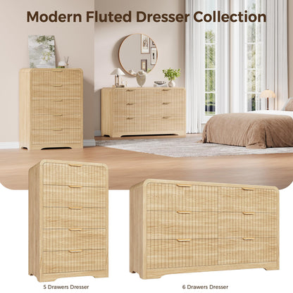 Jocoevol Modern 6 Drawer Dresser, 47" Wide Wood Dressers & Chests of Drawers Curved Profile Design, Mid Century Modern Fluted Dresser for Bedroom, Natural Oak