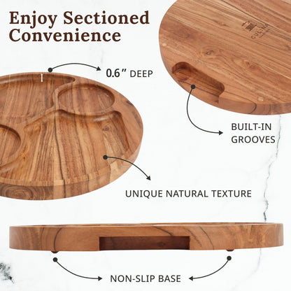Culina Craftique 11" Wooden Salad Bowl Set — Bundle with 12.2" Chip and Dip Serving Platter — Durable Hosting Essential For Home — Ideal Gift — Includes Serving Utensils and 2 Ceramic Bowls