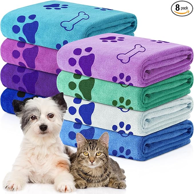 Chumia 8 Pcs Dog Towels for Drying Dogs Cats Pet Towels Bulk Puppy Microfiber Fast Drying Paw Bath Bathing Supplies Absorbent for Medium Pets(18 x 28 Inch,Dog Paw and Bone,Classic Color)