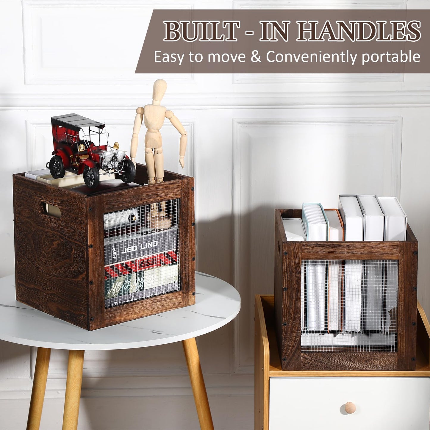 Colingmill 2 Pack Stackable Wood Storage Bins with Metal Wire and Handles 11 x 11 x 11 Inch, 22l Cube Vinyl Record Holder Wooden Storage Crate Basket for Shelve Fruit Vegetable Pantry Toy(Walnut)