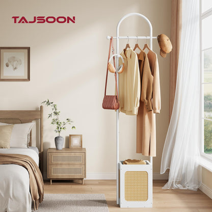 Tajsoon Coat Rack Freestanding, Coat Stand with Wooden Storage Basket, Coat Tree with 6 Hooks, Rattan Coat Hanger Stand for Living Room, Bedroom, Office, White