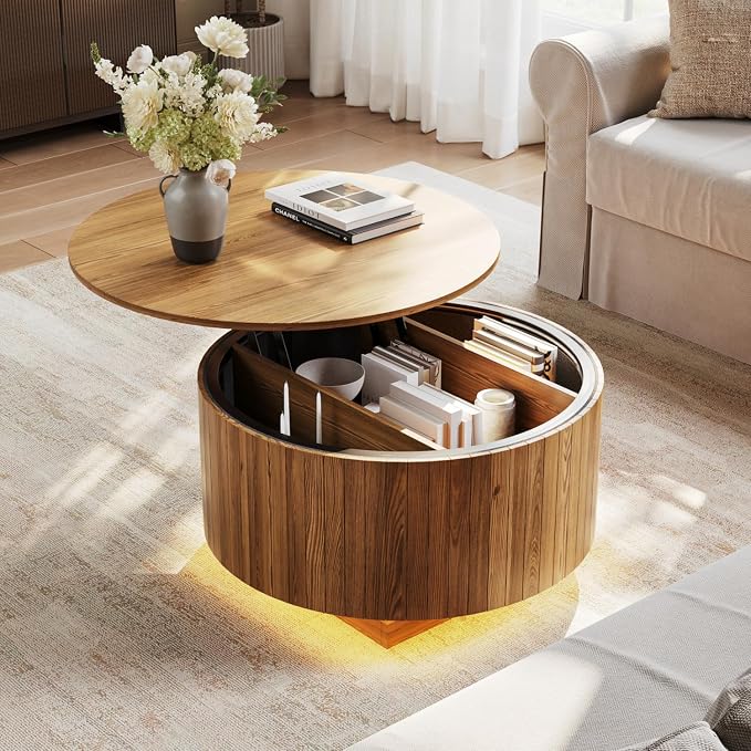 kepptory Round Lift Top Coffee Table with LED Lights, Mid Century Modern Wooden Coffee Tables with 3 Storage Space, Circle Center Table for Living Rooms,Dining Room,Bedroom Home Office,APP LED Lights