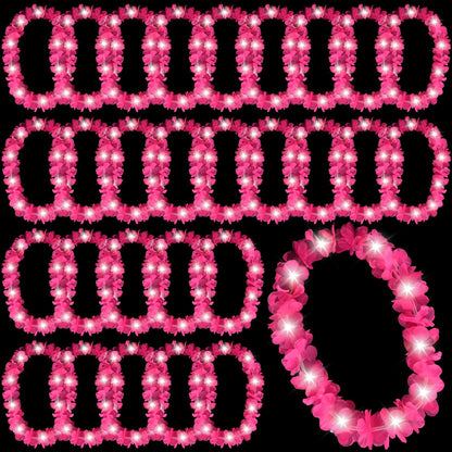 Sherr 24 Pcs LED Hot Pink Leis Light up Wedding Hawaiian Leis Flower Necklace with LED Lights Beach Tropical Carnival Party Wedding Supplies Luau for Masquerade