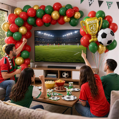 Red and Green Soccer Balloons, 12 Inch Green and Gold Soccer Balloons with 22" Soccer Foil Ball Gold Trophy Balloon for Boys Men Sports Theme Birthday Football Game Day Party Decorations Supplies