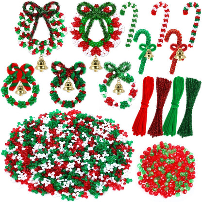 UPINS 2000pcs Christmas Tri Beads,Christmas Beaded Ornament Kit Red Green White Beads Pipe Cleaners Golden Bells for Tree Hanging Wreath Cane Jewelry Making Party Decoration