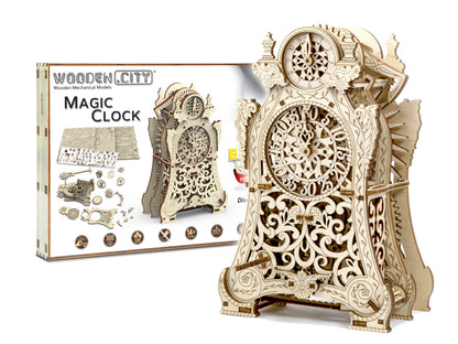 WOODEN.CITY Magic Clock 3D Wooden Puzzle for Adults – Mechanical Table Clock Kit with Working Gears - 140 Laser-Cut Pieces – Build & Display for Adults & Teens - Model Kit Gift