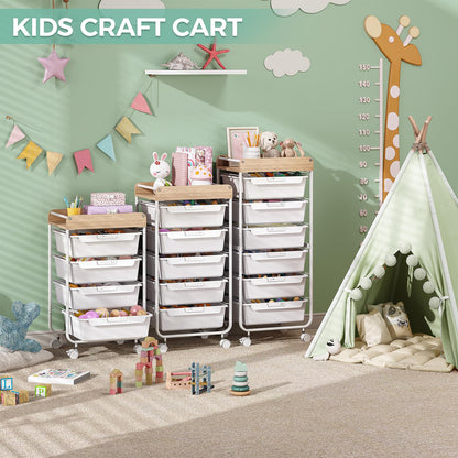 Rolling Craft Storage Cart with 4 Drawers,Utility Cart with Drawers,Art Craft Organizers and Storage,Kids Craft Cart,Kids Art Cart With DIY Lable and Wooden Tabletop Area,White