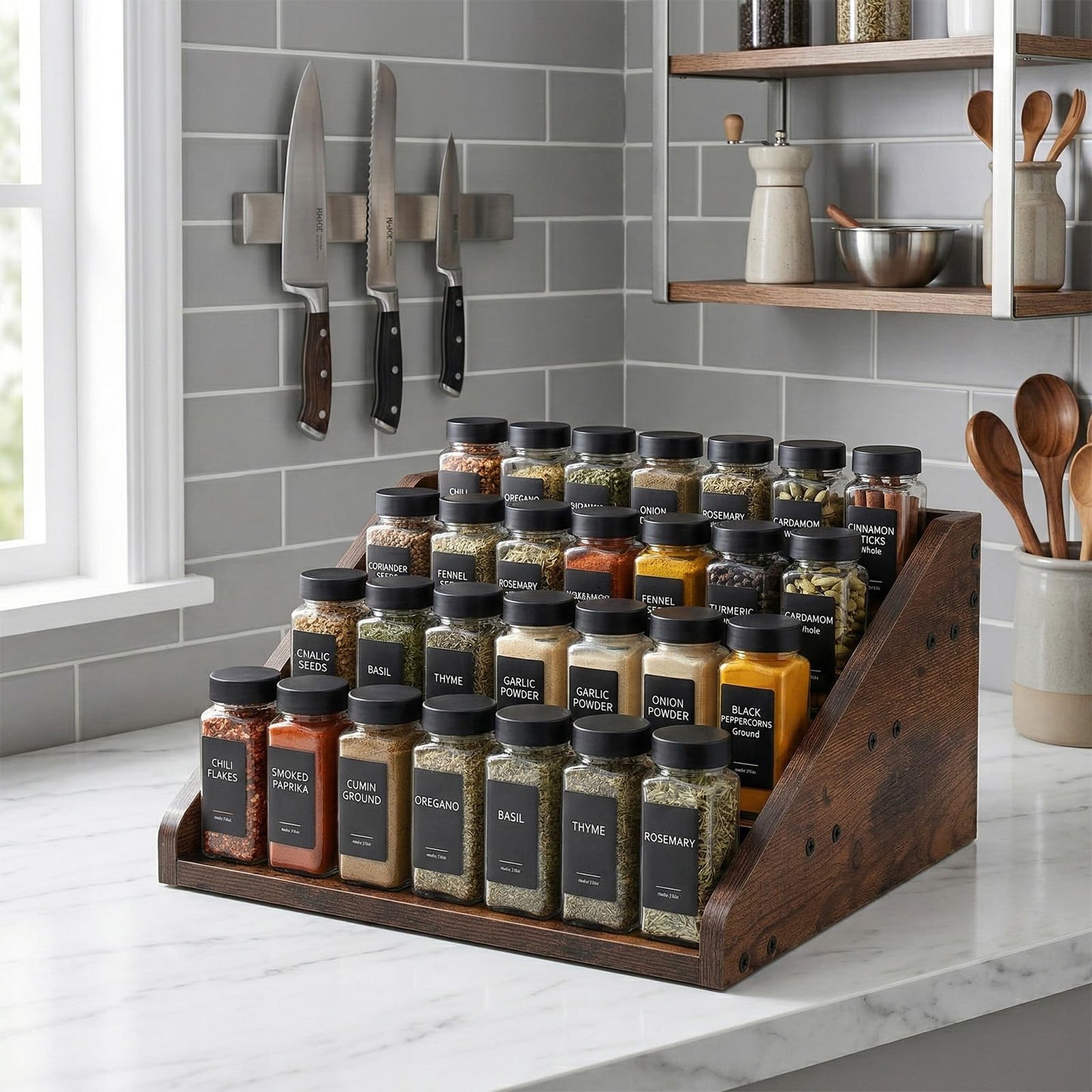 Oqqlin Wood 4 Tier Spice Rack, 13 x 10 x 6.5 Inch Wooden Tiered Spice Rack Rustic Wood Condiment Jar Display Riser Shelf for Countertop, Cabinet, Kitchen Organization (Dark Brown)