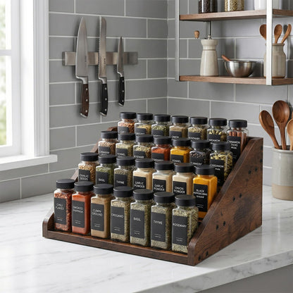 Oqqlin Wood 4 Tier Spice Rack, 13 x 10 x 6.5 Inch Wooden Tiered Spice Rack Rustic Wood Condiment Jar Display Riser Shelf for Countertop, Cabinet, Kitchen Organization (Dark Brown)