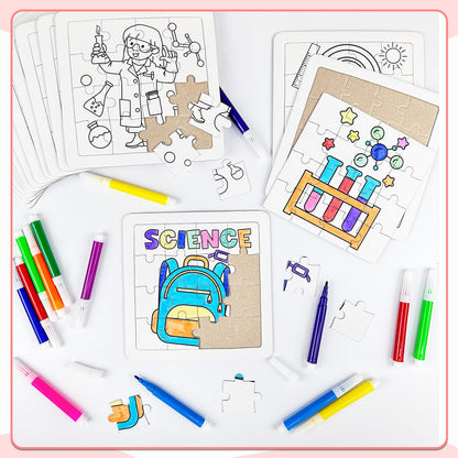 Cinrobiye 24 PCS Science Coloring Jigsaw Puzzles Bulk DIY Scientific Arts and Crafts Puzzle with Color Pens Educational Science Gifts for Home School Art Project Birthday Party Favors Supplies