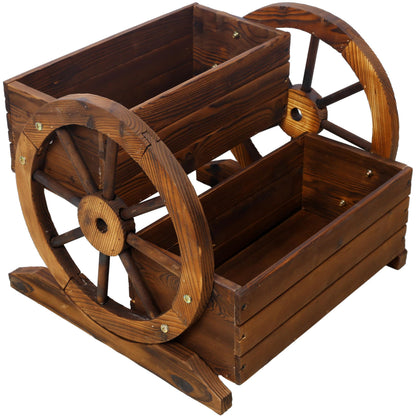 Lunanniu Wooden Wagon Wheel Planter Rustic 2 Tier Flower Box Outdoor Garden Cart Decorative Fir Wood Plant Holder Patio Yard Display Stand Rectangular Tiered Flowerbed Balcony Plant Stand