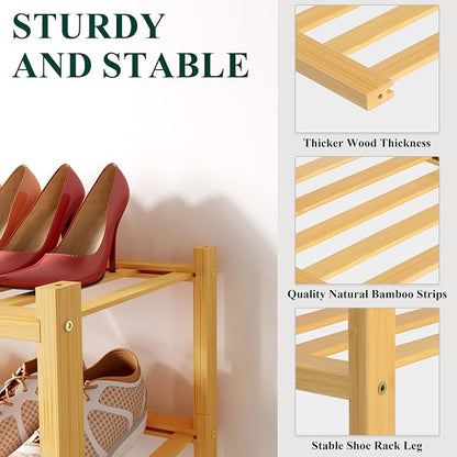 Smiry Small Bamboo Shoe Rack, 5 Tier Free Standing Wooden Shoe Organizer, Stackable Wood Shoe Storage Shelf for Closet, Entryway, 12 Vertical Slats, 2+2+1 Stack Standard Legs, 17.3"x11"x32.5", Natural