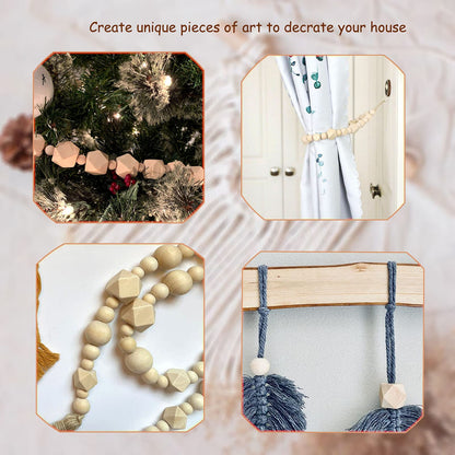 100Pcs Natural Geometric Polygon Wood Beads, Unfinished Wooden Loose Spacer Beads for Bead Crafts Making Home Farmhouse Decoration 4 Sizes (10mm 12mm 16mm 20mm)