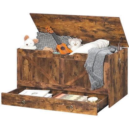HOOBRO Storage Chest, 39.3" Toy Chest with Drawer, Wooden Storage Bench, Sturdy Entryway Bench Supports 220 lb, Shoe Bench, Safety Hinge, U-Shaped Opening, Easy Assembly, Rustic Brown FG710CW01G1