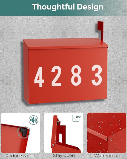 LAND·VOI Wall-Mount Mailbox with One Flag Kit and Three Sets of 0-9 Mailbox Number Stickers, Mailboxes for Outside, Galvanized Steel Rust-Proof Metal Post Box, 4.33" Dx14.2 Wx10.43 H, Red