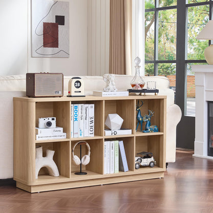 Joaxswe 8 Cube Storage Book Shelf, 52" Long Horizontal Bookshelf with Curved Edge, Floor Standing Wooden Cubby Bookcase with Base, Modern Low Console Book Case, TV Stand for Living Room, Natural Oak