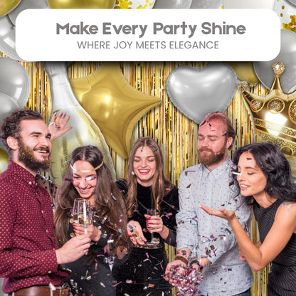 BURGANN Gold Birthday Party Decorations Set, White Silver Gold Balloon Garland Kit with Banner, Crown, Champagne Bottle, Foil Backdrop