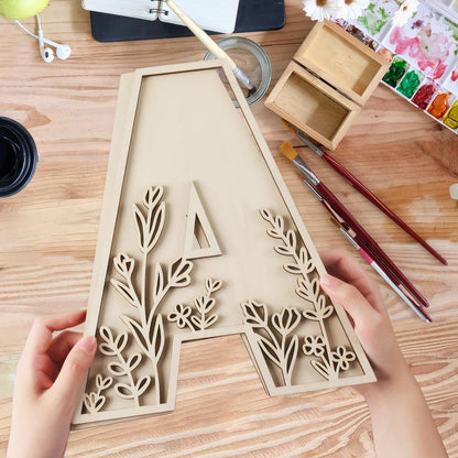 Layered 12 Inch Large Wooden Letters for Wall Decor, Flowered Paintable Wooden Nursery Letters for Crafts Wood Alphabet Letter A for Birthday Boho Nursery Name Sign Wedding Home Decoration