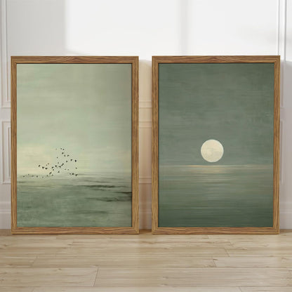 Framed Japanese Zen Wall Art Set of 2, Minimalist Sage Green Flying Duck Canvas Wall Decor Paintings, Modern Sunset Landscape Artwork Prints Picture for Living Room Bedroom Bathroom 12x16 Inch