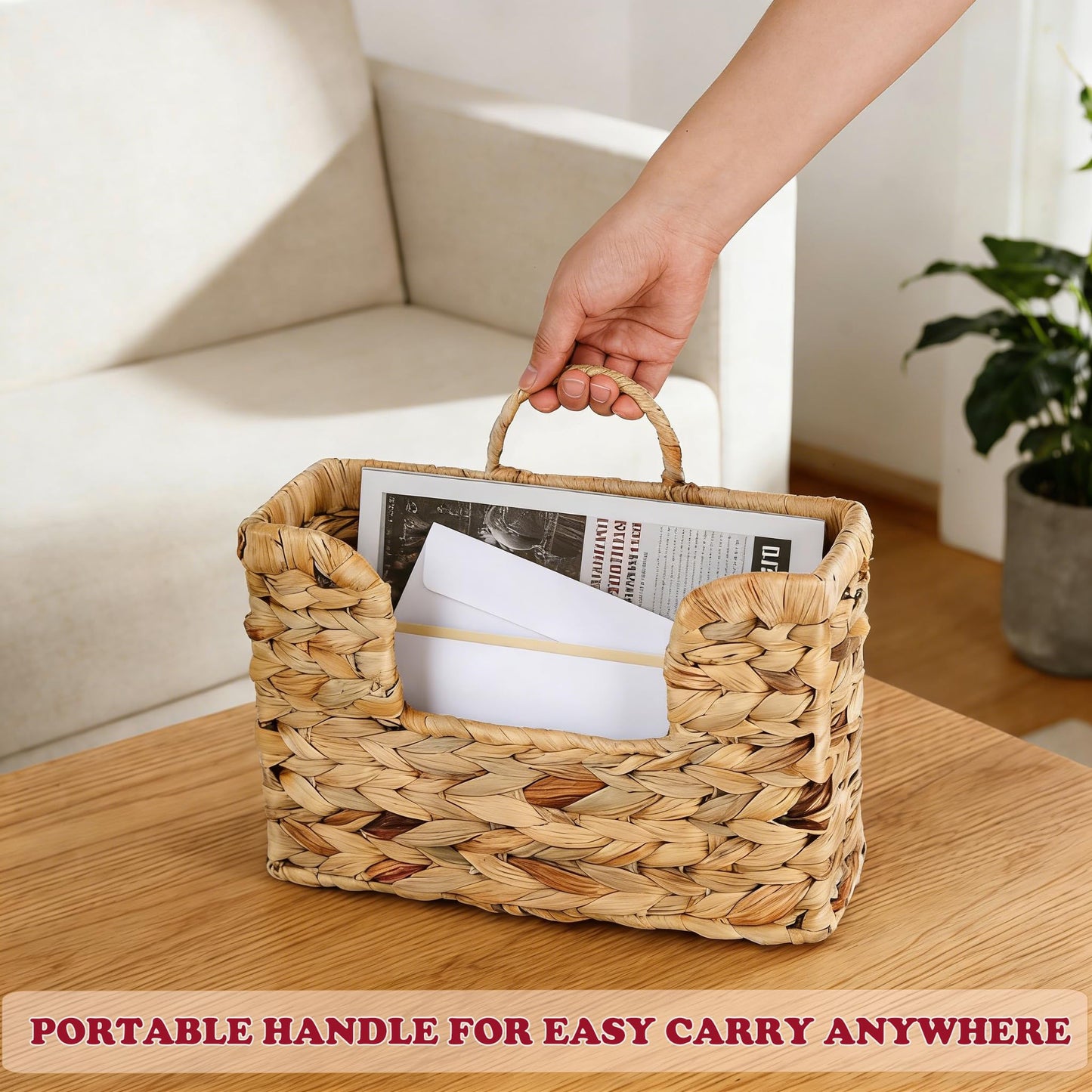 VANEME Hanging Magazine Basket, Woven Wall Magazine Holder Organizer with Handle for Mail, Files, Books - Water Hyacinth Farmhouse Storage Rack for Bathroom, Kitchen, Office