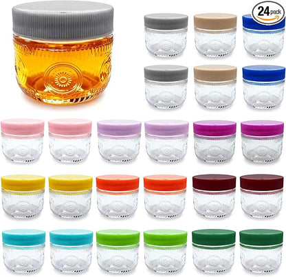 Amzcku 2 oz Mini Glass Mason Jars with Mouth Colored Lids - 24-Pack Glass Canning Jars for Storage, Overnight Oats, Jam, Jelly, Honey, Beans, Spices, Wedding Favors, Shower Favors