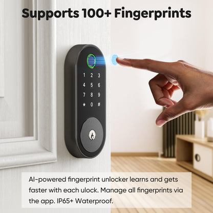 Keyless Entry Fingerprint Deadbolt Smart Lock: Digital Front Door Keypad with App Control, Electronic/Electric Deadbolt with Fingerprint & Code Access, Auto Locking, Easy to Install (Bright Brass)
